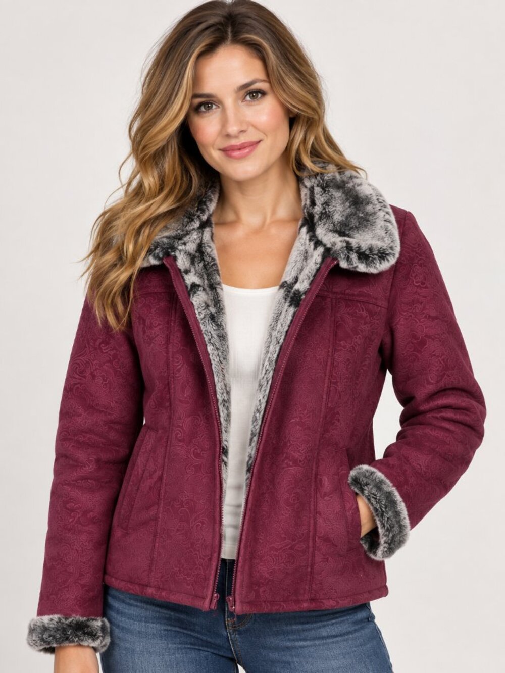Outback Trading Co Burgundy Paisley Faux Fur Jacket M